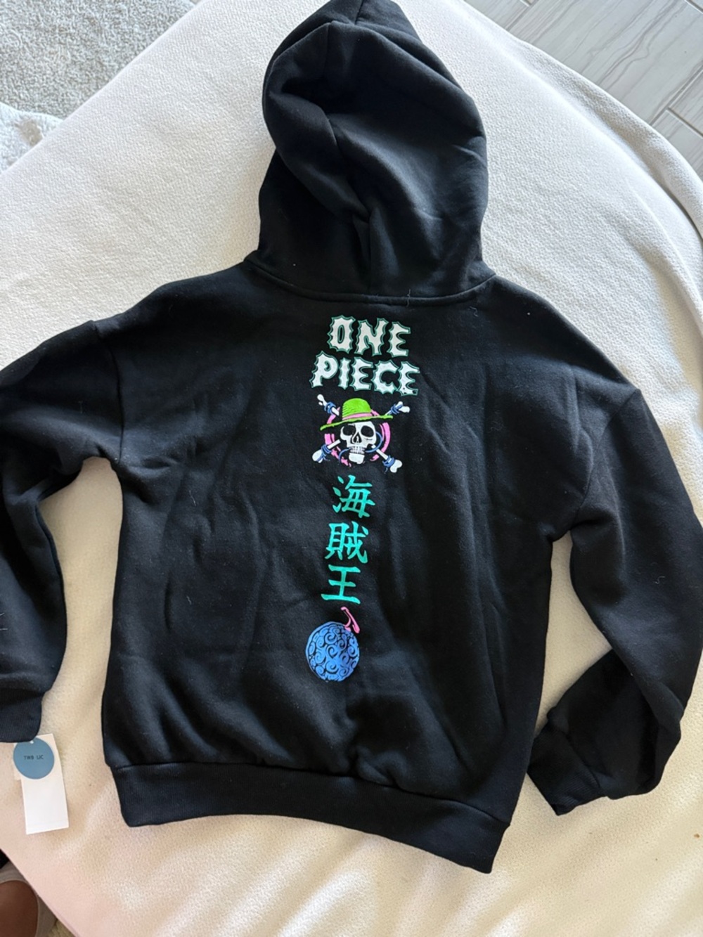 Onepiece Black Hoodie with Teal and Purple Skull Graphic